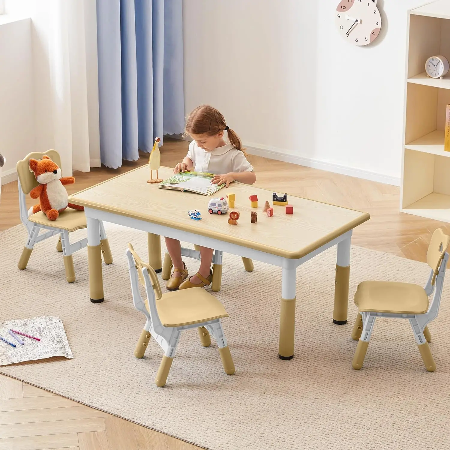 Table and Chairs Set, Height Adjustable Toddler Table and Chair Set for Kids Ages 3-8, Graffiti Desktop (Wooden Brown)