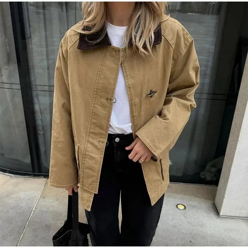 

Vintage Women's Jacket Colorblocking Patchwork Jacket Large Pockets Long Sleeve Coat New Workwear Casual Tops Street Comfort