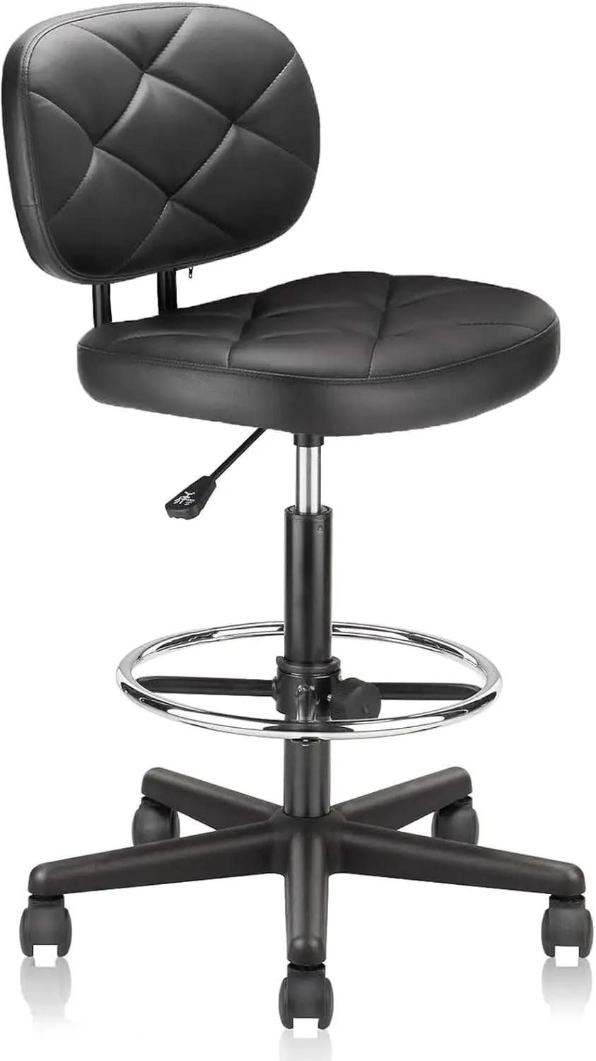 KLASIKA PU Leather Rolling Bar Stool with Wheels and Back, Tall Drafting Stool with Adjustable Height and Footrest, Multi-Purpose Office Desk Chair for Home Kitchen Shop Work, Black (1PK)