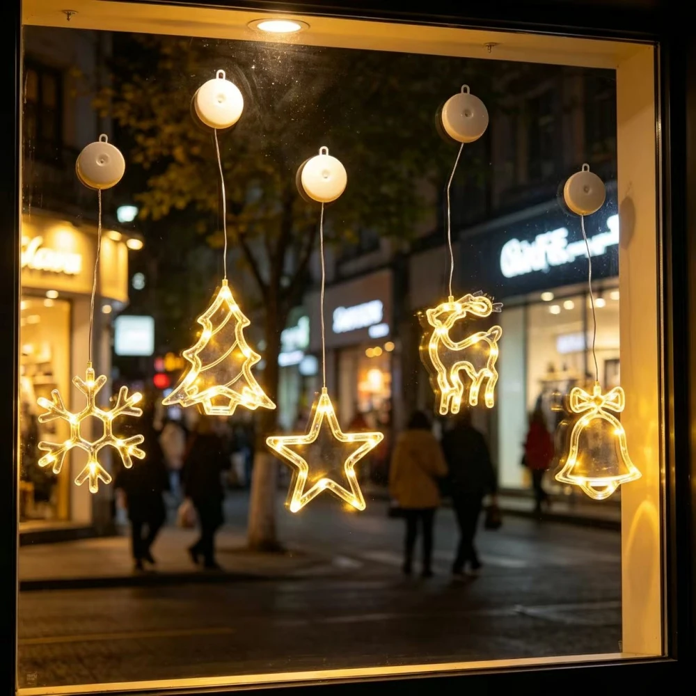 1PC Battery Powered Christmas Suction Cup Lights, 5 Shapes LED Fairy Window Transparent Decor, Warm Glow Indoor Holiday Lighting