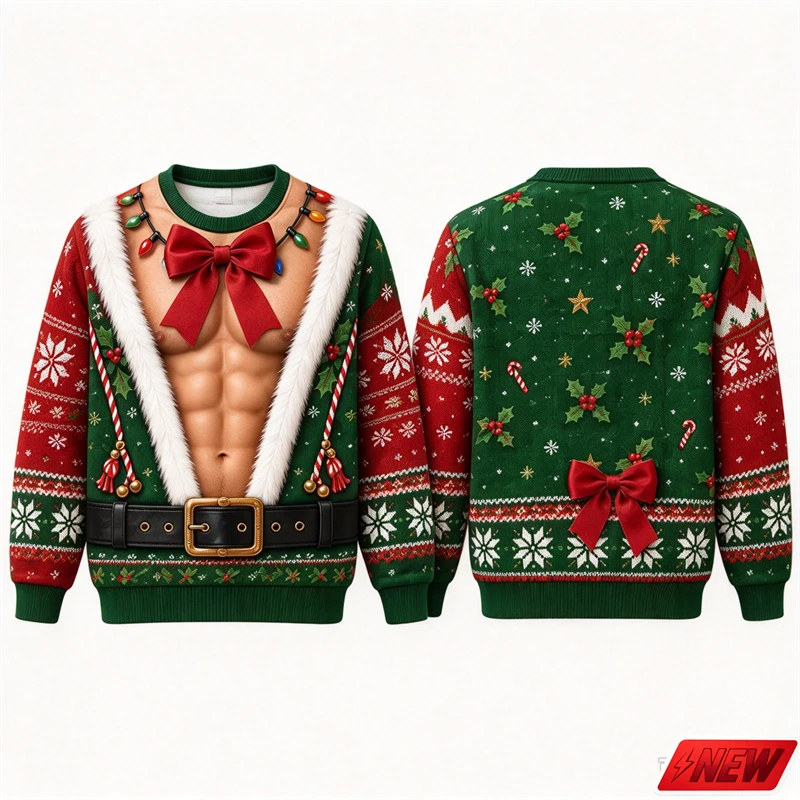 Men Christmas Ugly Sweater Style Sweatshirt 3D Fake Print Muscle Abs Scarf Optical Illusion Pullover Crew Neck Xmas Sweatshirt