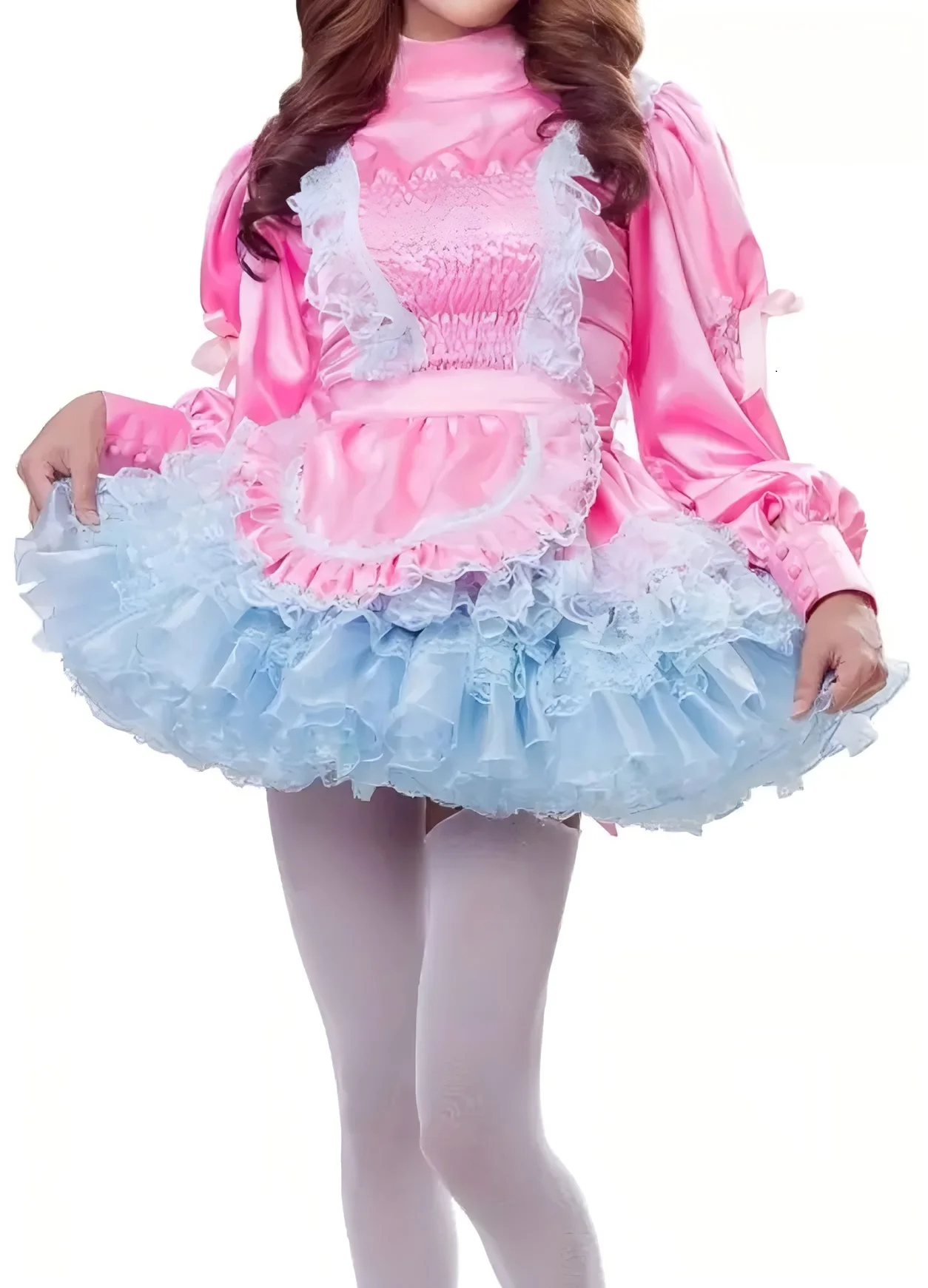 

French sexy maid pink satin lockable sissy fluffy dress cosplay costume customizable