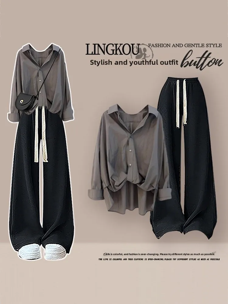 

Spring Summer Korean Sle Women's Retro Lazy Sle irt And High Waist Slimming Casual Wide Leg Pants Two Piece Set