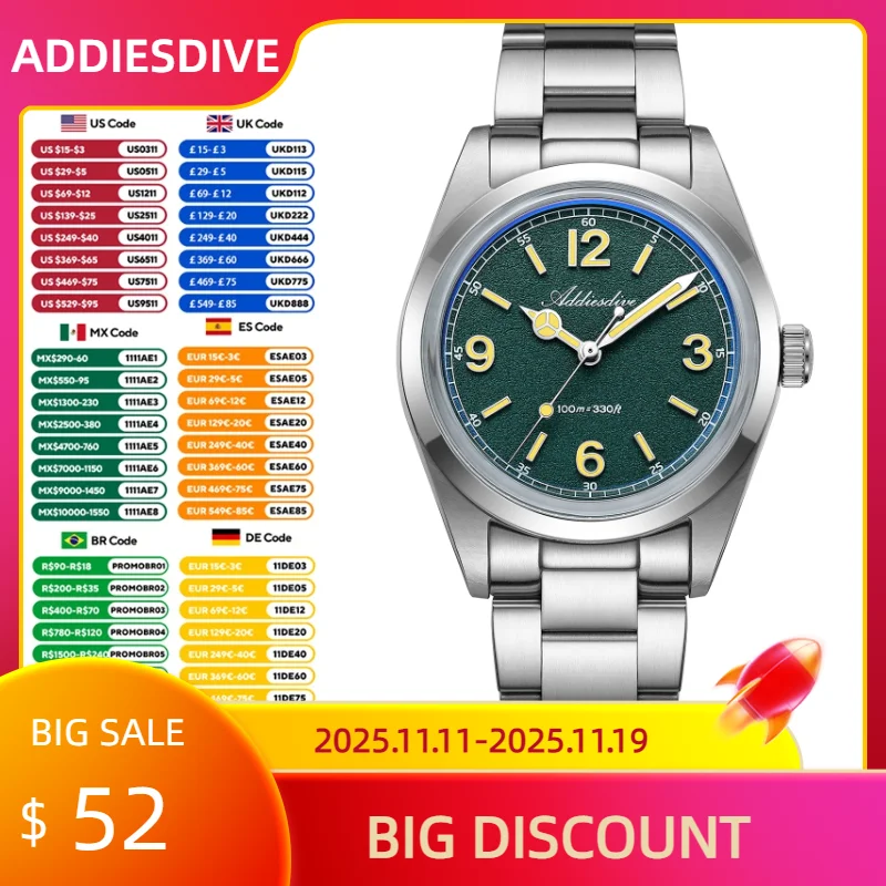 ADDIESDIVE Top Brand Men Quartz Watches Stainless Steel BGW9 Luminous 100M Waterproof Bubble Mirror Glass 36mm VH31 Simple Watch