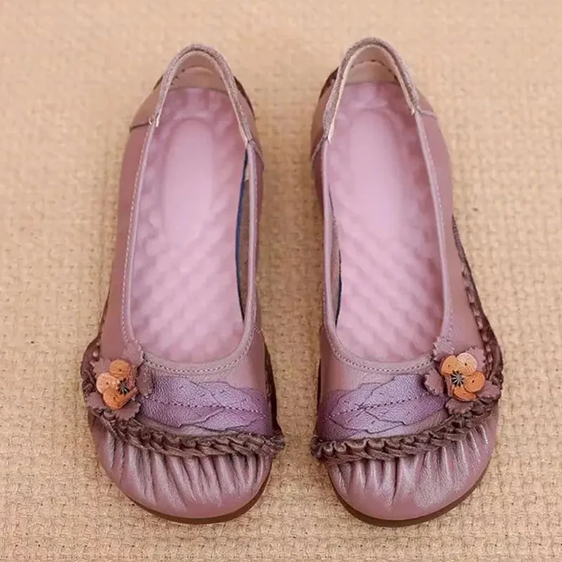 

New genuine leather ballet flats woman floral shallow loafers high quality luxury moccasins lady casual long walking shoes woman