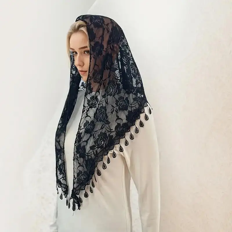 Modischer Dreieckstuch mit Quasten, Spitzenschleier, Schal, Bandana, Kirchen-Gebetstuch, Hochzeits-Mantilla, bestickter Kopfschmuck, Hijab, Damenschal – Detail 6