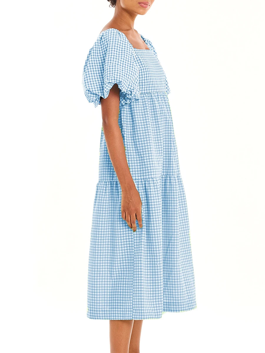 Robe mi-longue élégante à manches courtes bouffantes vichy pour femmes, à carreaux, col carré, smockée, à volants, fluide, tenue de plage, été