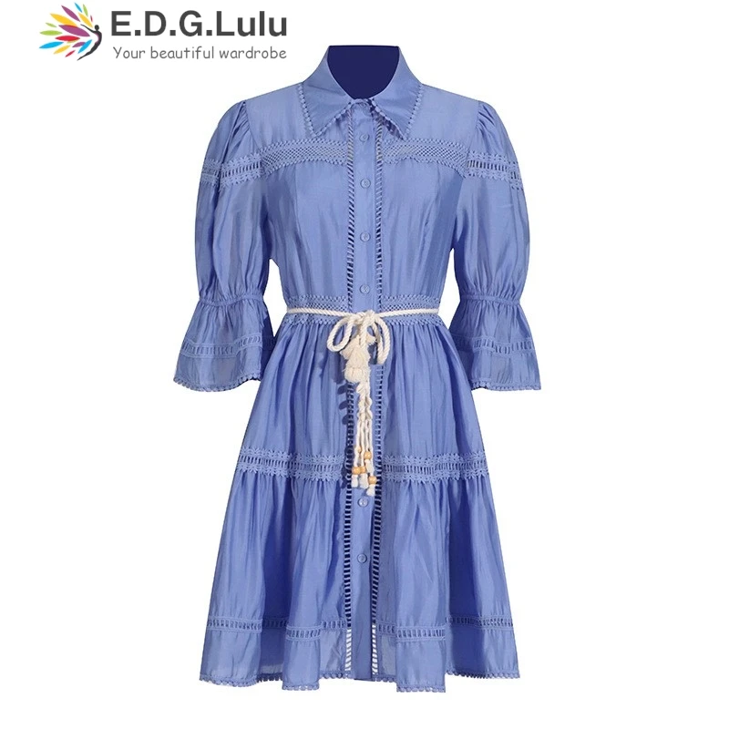 EDGLuLu Fashion Turn-Down Collar Short Sleeve Casual Women's Dresses Retro High Waist Lace-Up Blue Black Mini Dress 1130