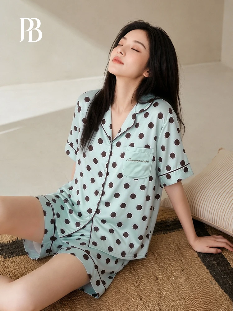 

Blue Polka Dot Ice Silk Short Sleeve Sleepwear Set Women's Summer Home Clothes Outwear Comfortable Breathable Moisture Wicking