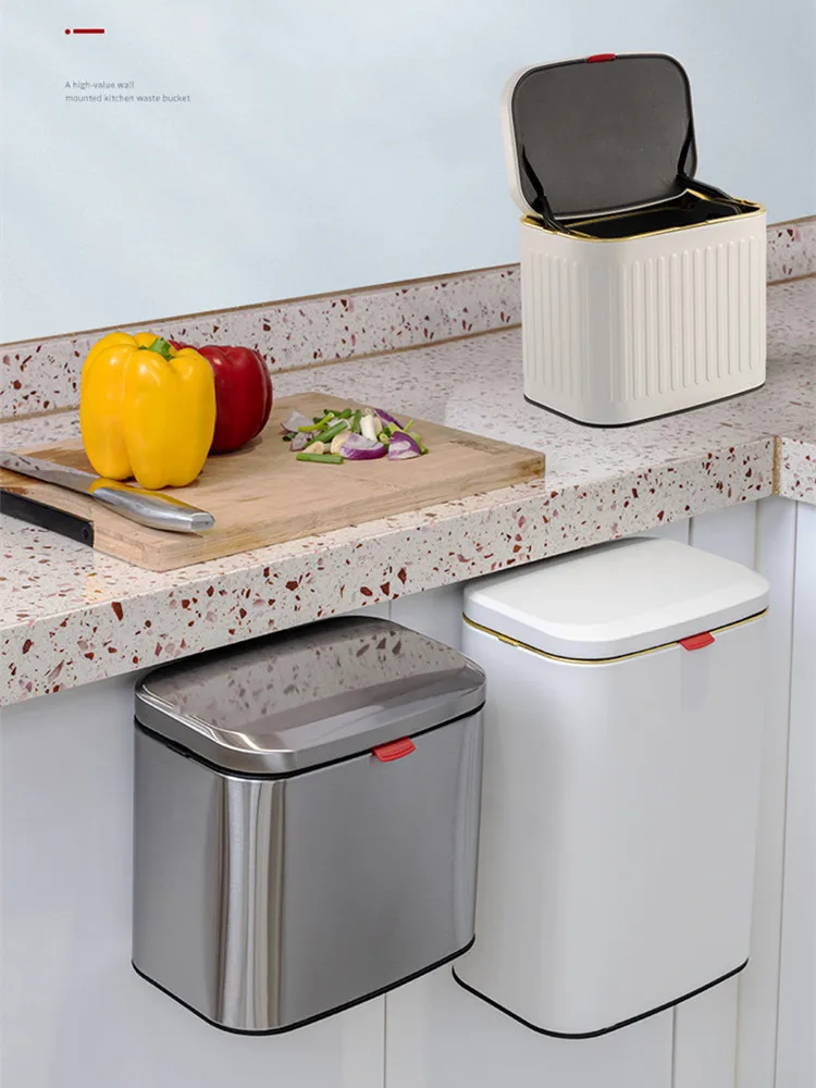 

Stainl Steel Wall-Mounted Garbage Can Home Batoom Office Desk Storage Buet Kitchen Waste Recycling Bin No-Punching Req...