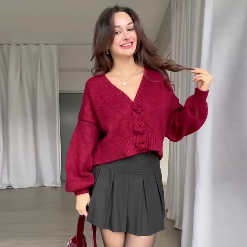 

Autumn Winter Knitted Sweater V-Ne Flower Design Slimming Faionable Outerwear Women's Premium Quali Polyester Blend