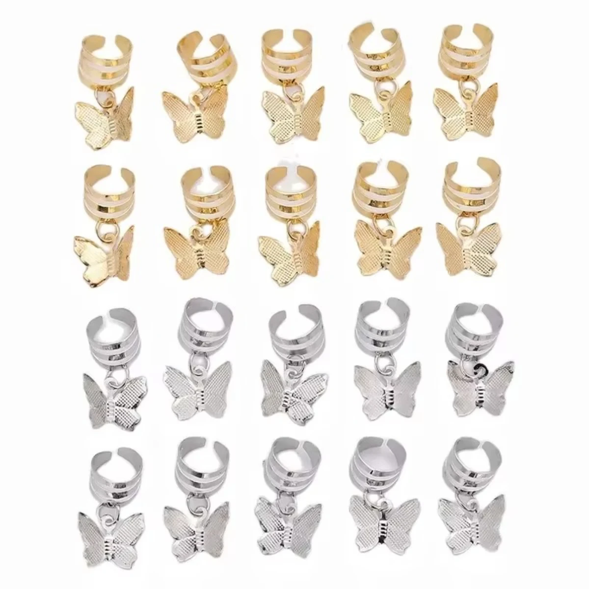 20pcs Butterfly Open Ring DIY Pendant Braiding Hair Accessory Buckle Clip Retro Hollowed Jewelry Dreadlock Hair Tools Bun