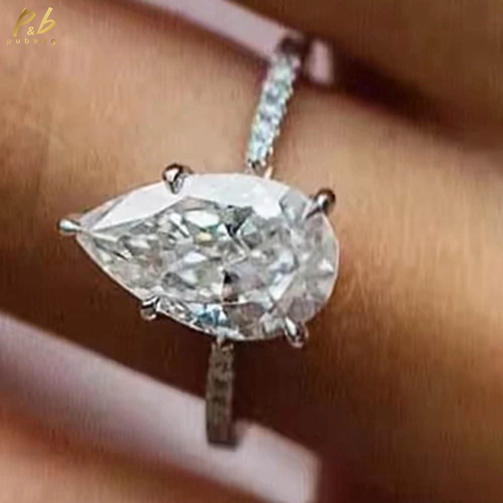 

PuBang Sparkling 3EX VVS1 D Color 4.1 Carat Moissanite Ring Engagement 18K Solid Gold Rings Woman Crushed Ice Pear Cut Gemstone