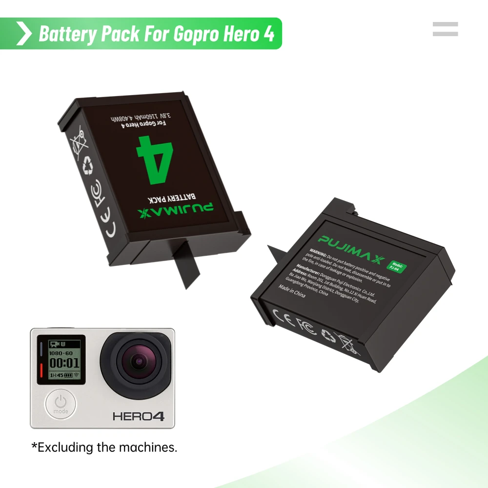 PUJIMAX 1160mAh Battery for GoPro Hero 4 Action Camera Lithium Battery Storage Charger for GoPro AHDBT-401 Accessories