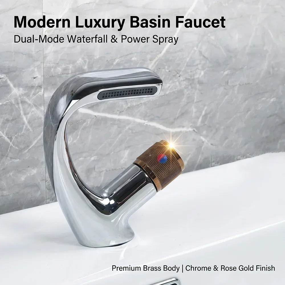 Chrome Bathroom Faucet, Solid Brass Unique C-Shaped Waterfall Spout Single Handle Basin Mixer Tap, Deck Mount Hot Cold Water Lav