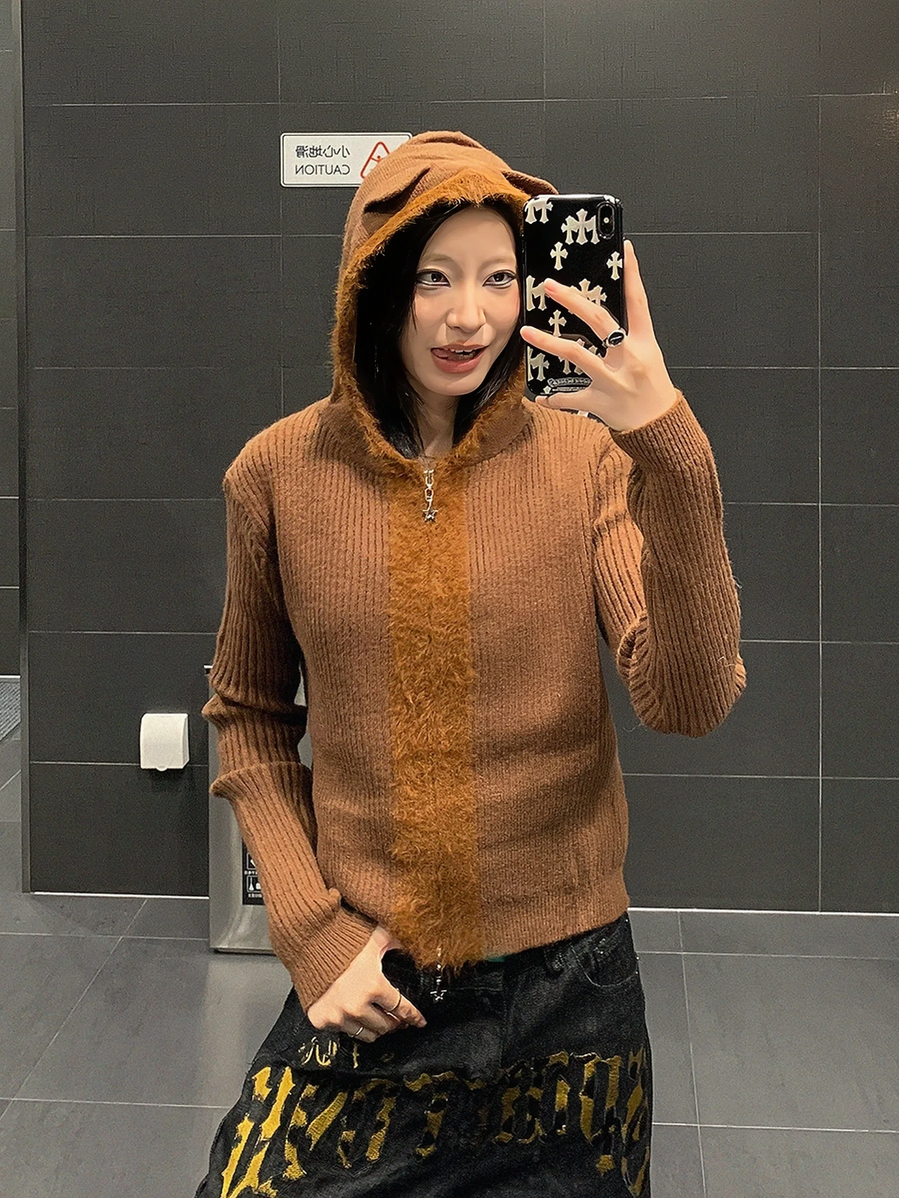 

Женская вязаная кофта-худи USKM American Sle Bear с ушками, облегающая, для осени и зимы, повседневный трикотажный топ