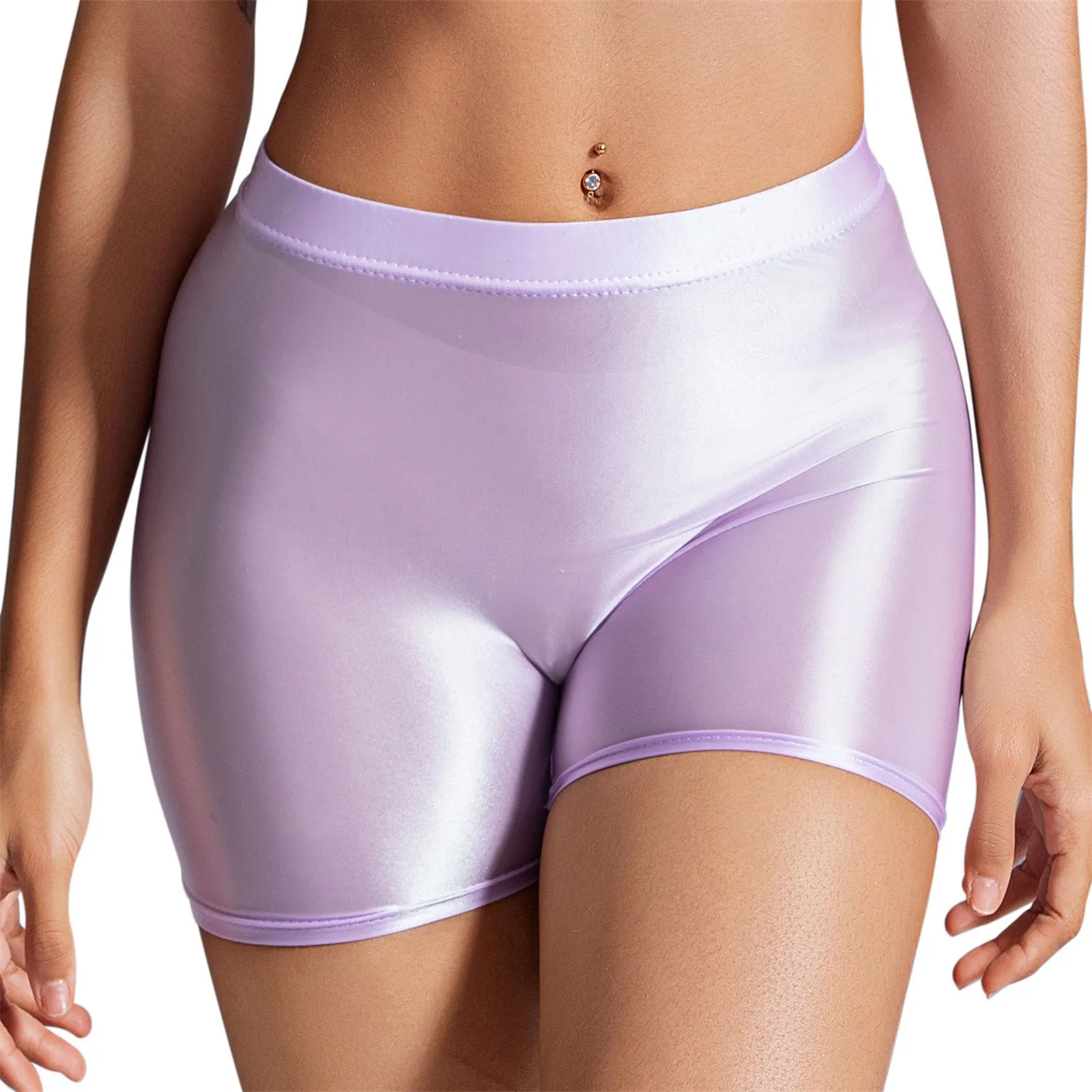 Womens Sexy Glossy Oiled Tight Athletic Shorts Tight High Waist Casual Elasticity Yoga Shorts Smooth Sports Shorts Safety Shorts