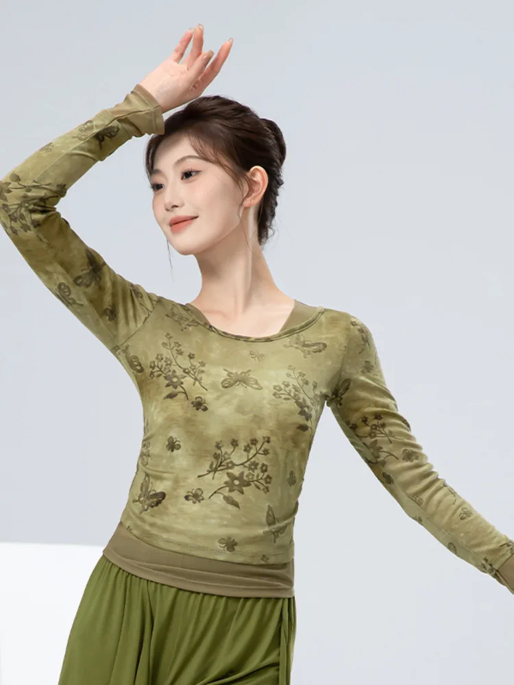 Top da ballo slim fit a maniche lunghe in rete con collo quadrato tie-dye – Camicia moderna per spettacoli teatrali con pannelli trasparenti da donna