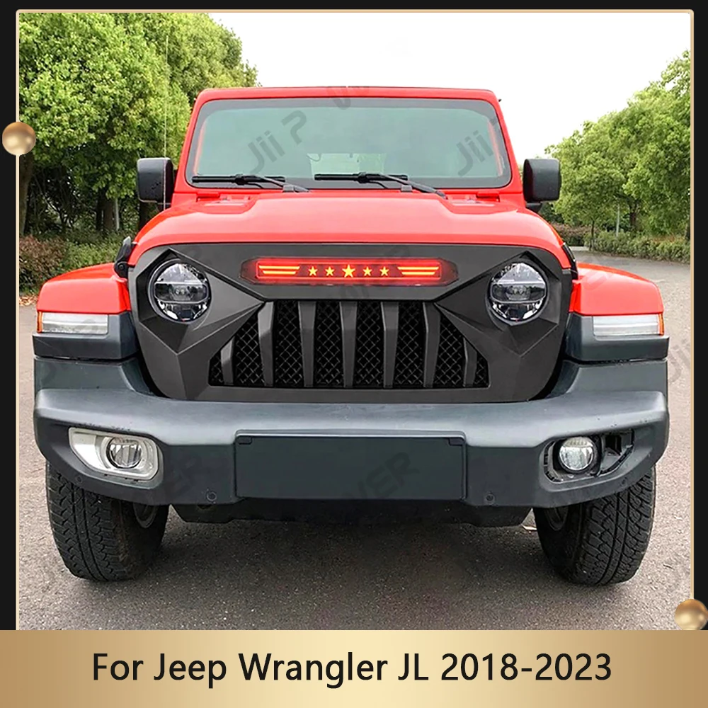 Modified Front Racing Grills Raptor Grills With Red Star Lights For Jeep Wrangler JL 2018-2023 Front Grill Mesh Bumper Grilles