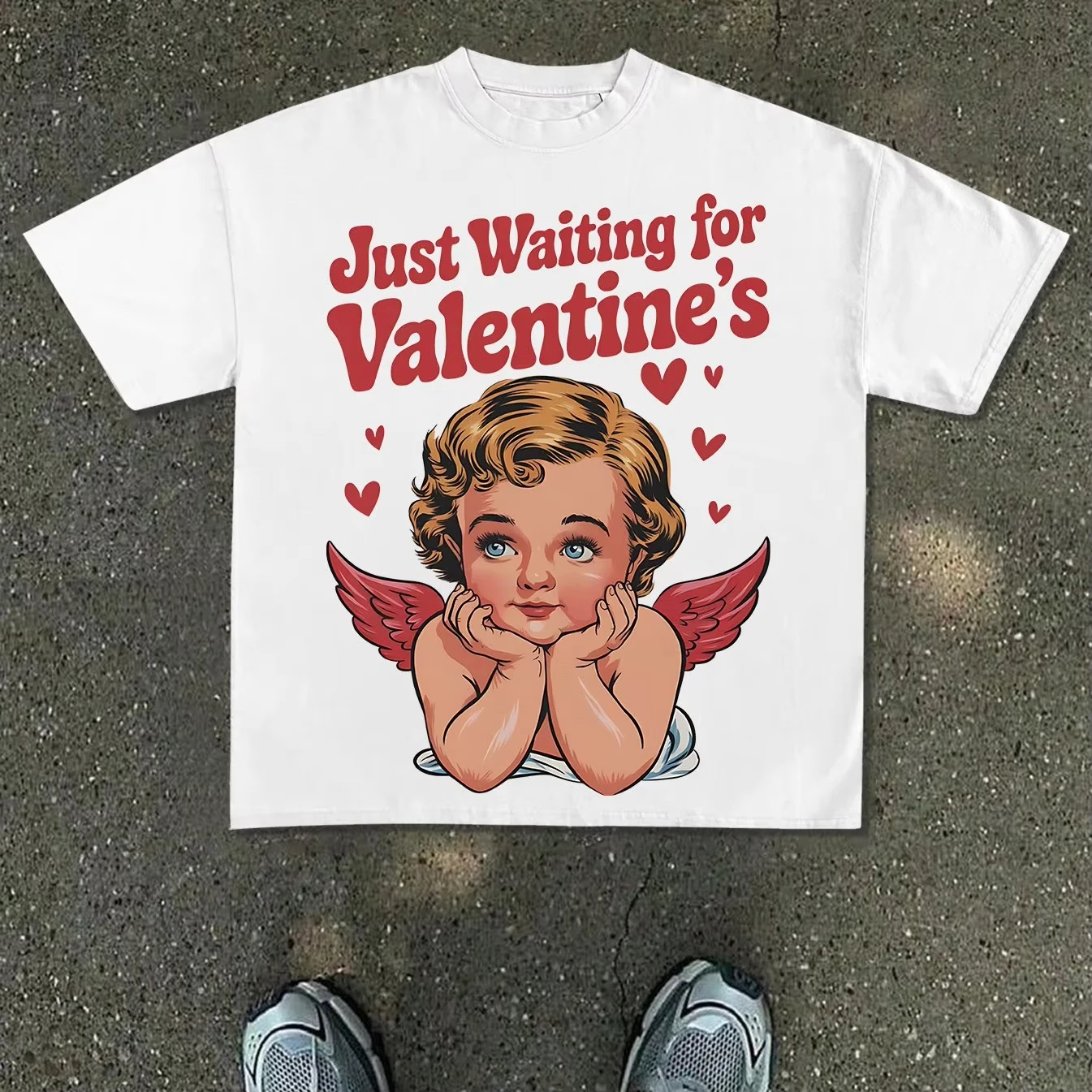Men's New T-Shirt, Y2K Fashion Print, Loose Drop-shoulder Short-sleeve Style, Pure White Base with Red Just Waiting