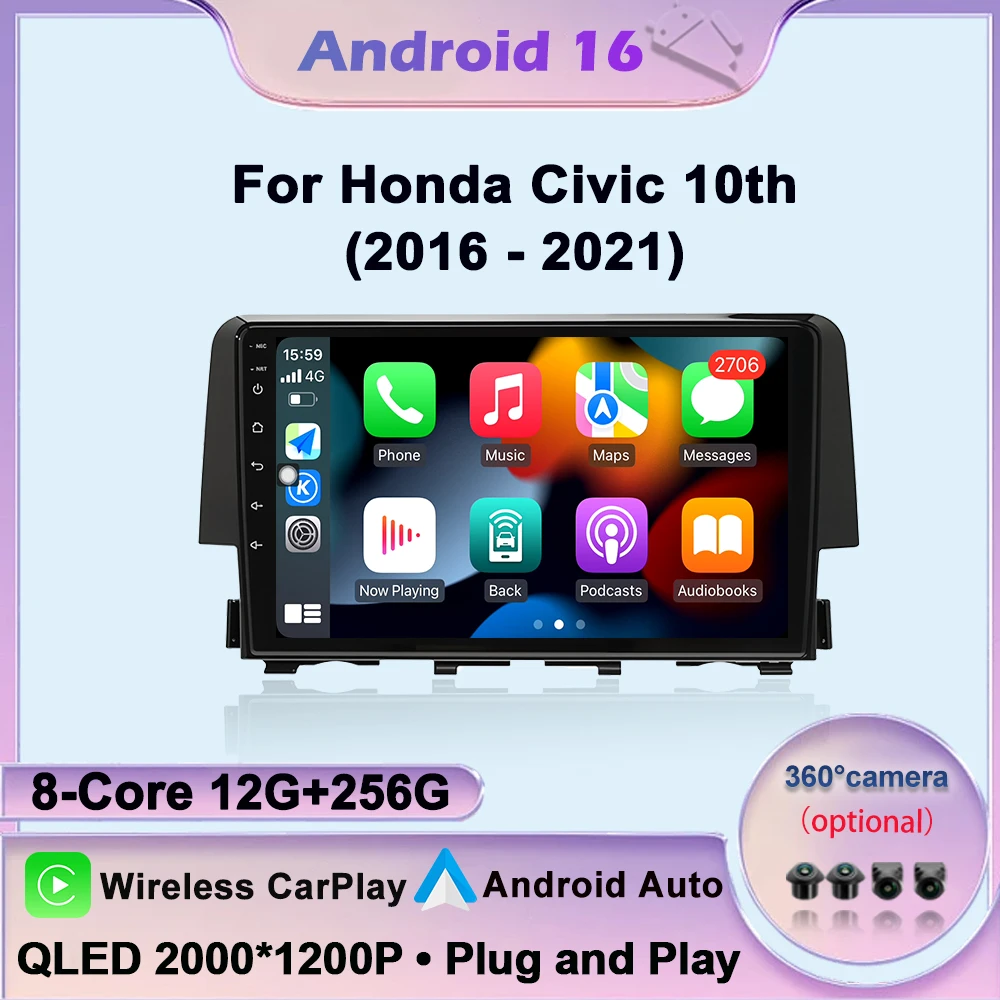Android 16 RDS DSP For Honda Civic 10th 2016-2021 Car Radio Multimedia Video Player 4G Navigation GPS Auto Carplay WIFI