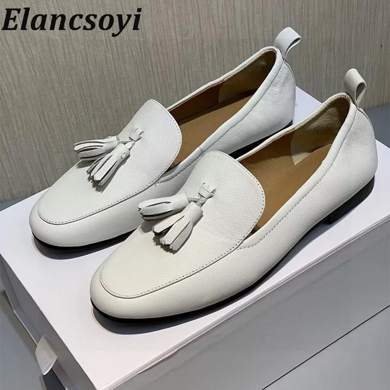 

New Round Toe Genuine Leather Flat Loafers Women's Tassel Decor Solid Color Single Shoes Spring Autumn Retro Office Shoes