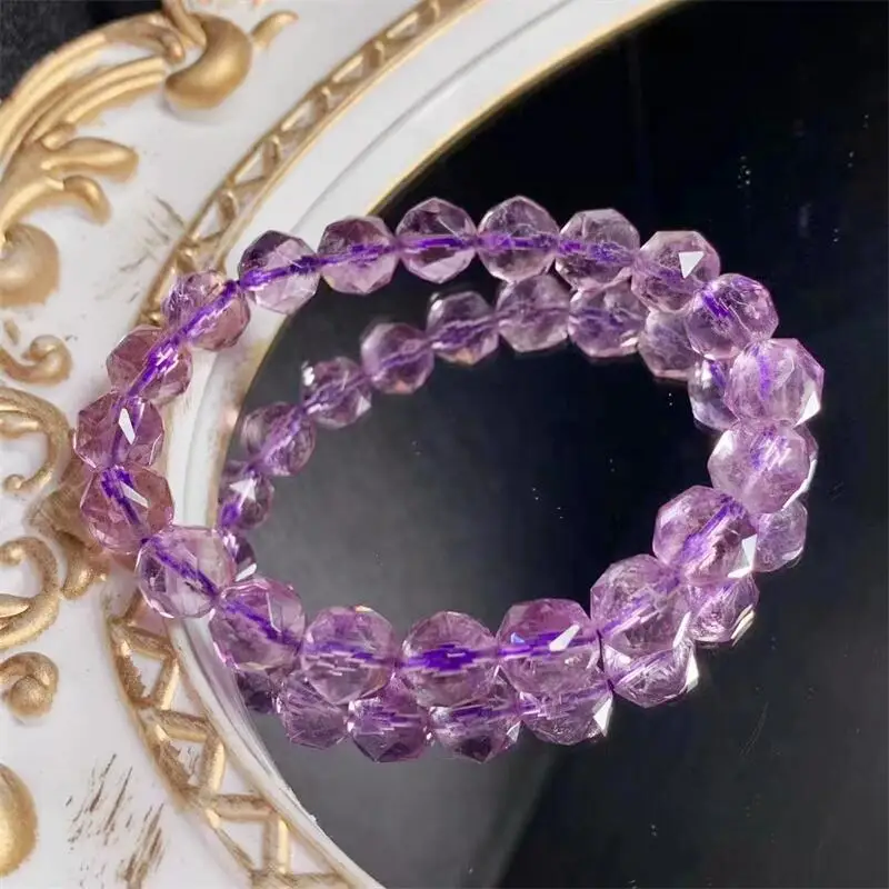 10MM Natural Faceted Amethyst Bracelet Women Fashion Crystal Round Beads Lovers Strand Bangles Jewelry 1pcs