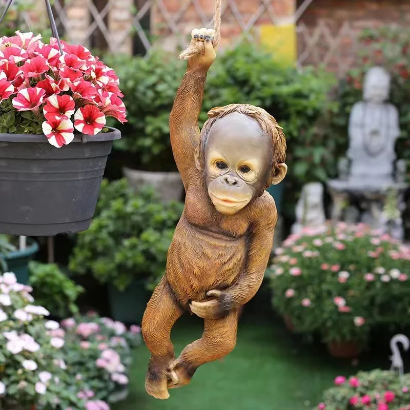 Outdoor Garden Decoration Monkey Tree Rope Hanging Statue Creative Simulation Animal Sculpture Resin Little Monkey Pastoral Deco