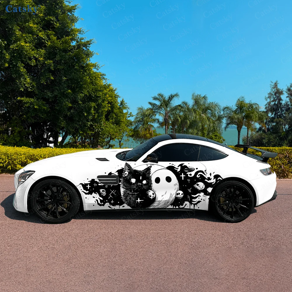 

White Ghost Black Cat Car Side Sticker Decoration,PVC Waterproof Scratch Resistant Decal,Car Protection,Auto Accessories Gift