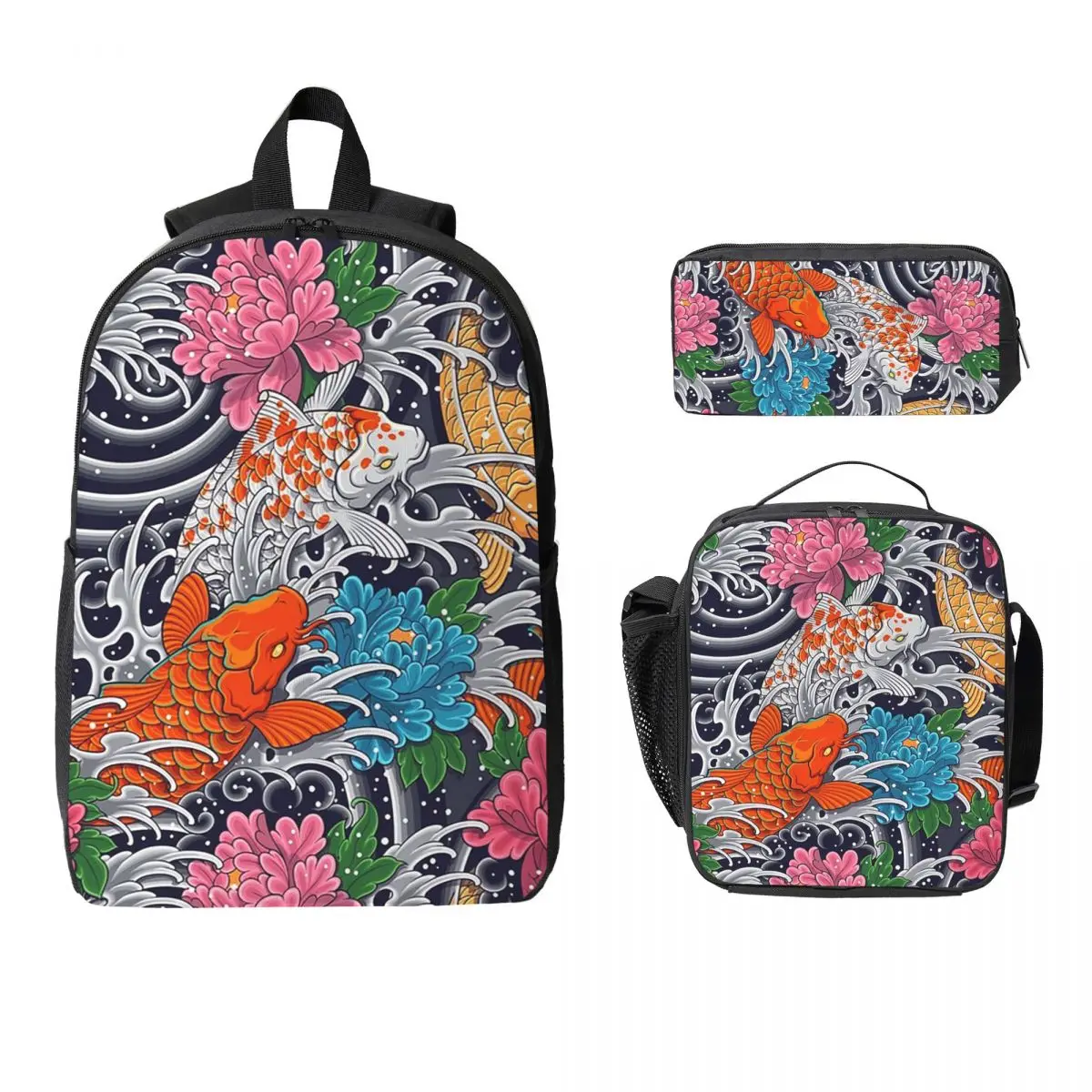 

Koi Fish And Floral Pattern Backpack Boys Girls BookBag School Bag Computer Shoulder Bags 3ps Insulated Lunch Bag Pencil Case