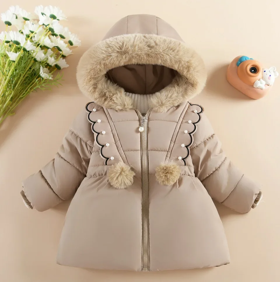 1-4 Years Winter Baby Girls Jacket Pearl decoration Lace Thick Hooded Coat For Kids Lined With Velvet Keep Warm Girls Outerwear