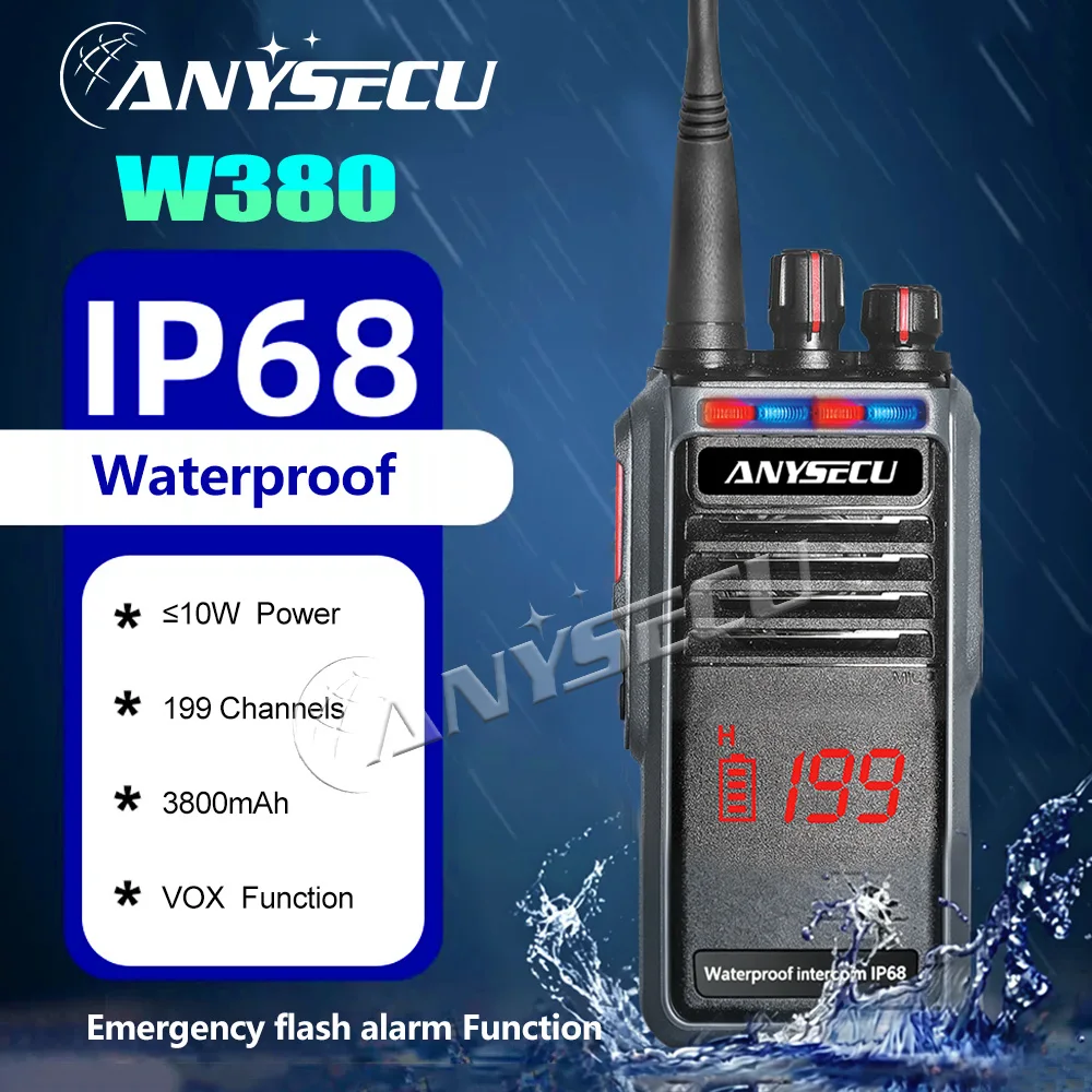 

ANYSECU W380 IP68 Waterproof Walkie Talkie 10W UHF 400-480MHz 199CH QT/DQT VOX Noise Reduction Type-C Charging Two Way Radio