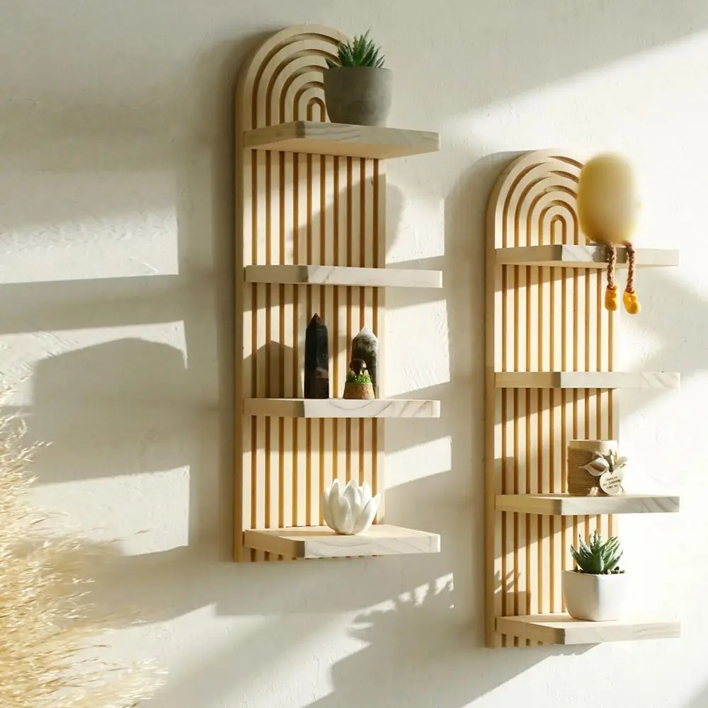 

4-Tier Design Wooden Wall Shelves Oval Threaded Geometric Boho Style Rack Natural Minimalist Wall Mounted Shelf Wall Decoration