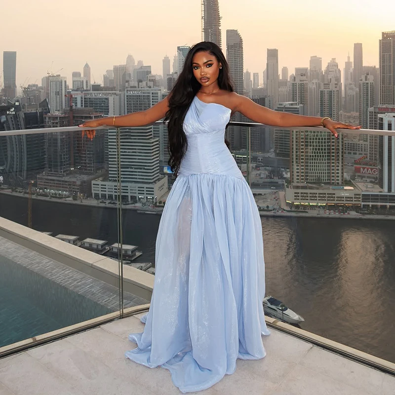 Thinyfull Fashion A-Line Prom Dresses One Shoulder Pleated Maxi Evening Dress Saudi Arabia Cocktail Party Prom Gowns Customized