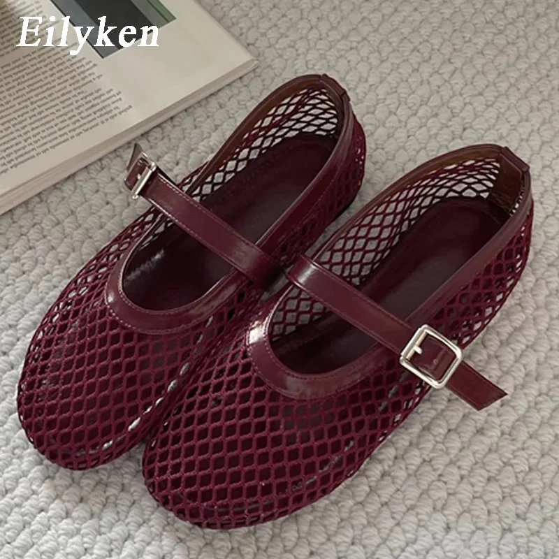 Eilyken Summer Designer Cosy Mesh Heels Women Flat Shoes Fashion Round Toe Buckle Strap Casual Outdoor Dress Sandals