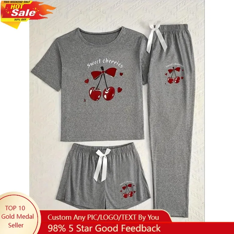 

Women's Cherry Letter Print Pajama Set, Casual Fitted Sleepwear, All Seasons Comfortable Moderate Fabric, 3 Piece Set, Womenswea