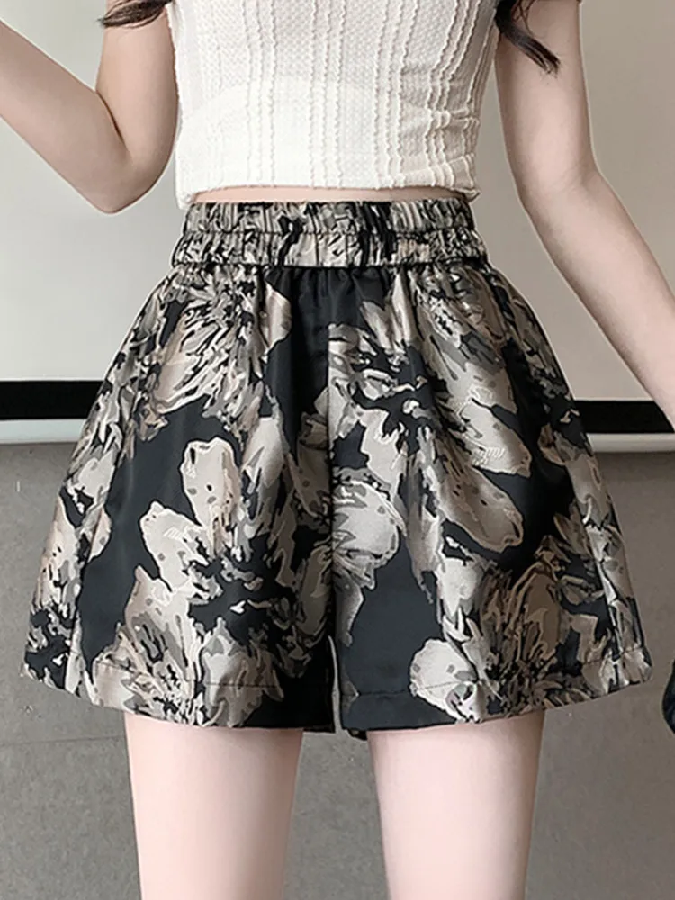 

New Chinese Style Retro Jacquard Wide Leg Shorts For Women's 2024 Summer New Fashionable Elastic High Waisted Loose A-Line Pants