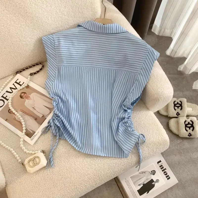 Summer New Preppy Style Short Blouse Polo Neck Drawstring Lacing Striped Youth Sweet Shirt Tops Fashion Casual Women Clothing