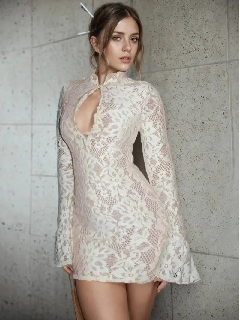 Spitze, ausgehöhlt, langärmelig, sexy Minikleid für Damen, modisch, halbhoher Kragen, figurbetontes Club-Partykleid, elegante Kleider L4AQ