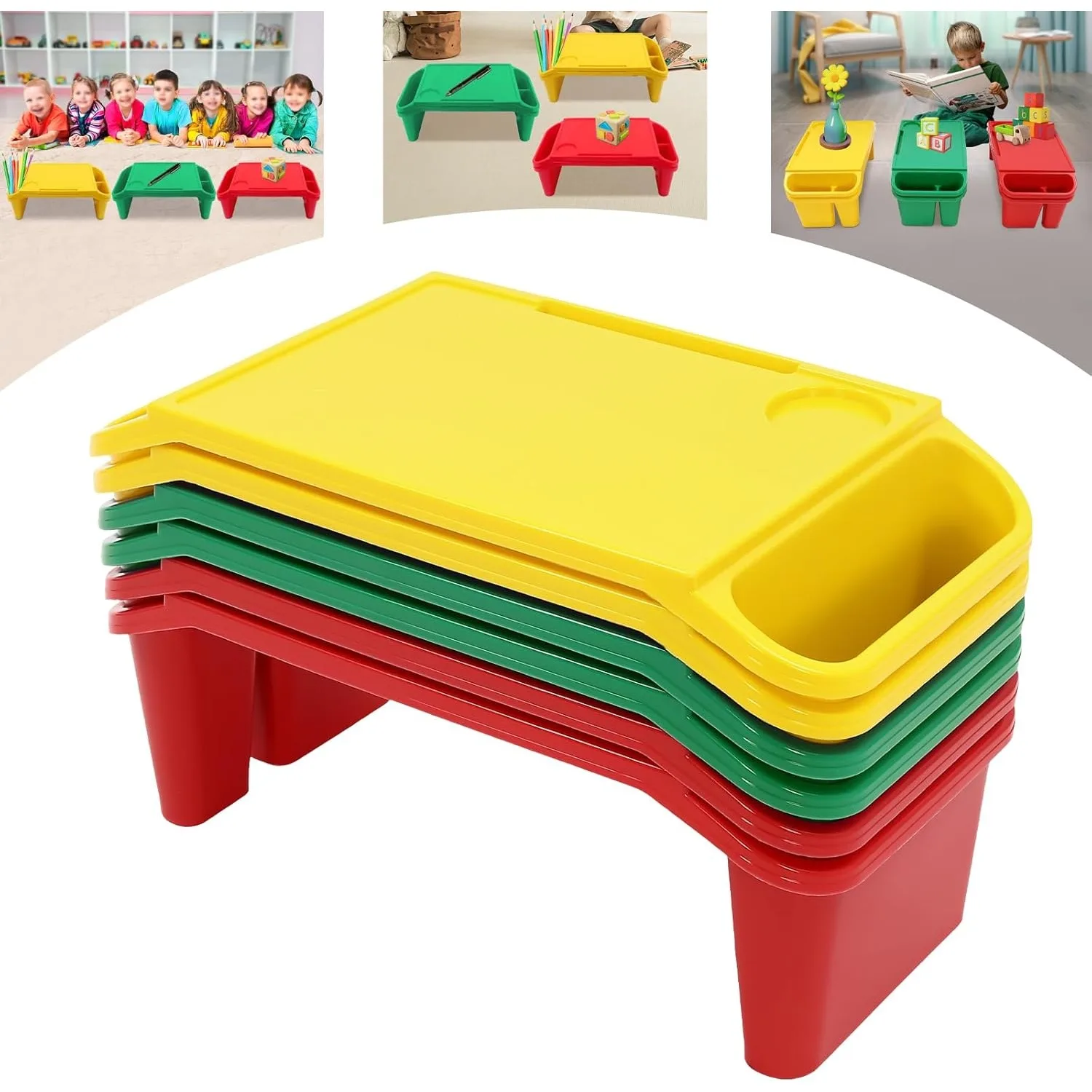 6 Pcs Kids Lap Desk Tray, Plastic Breakfast Laptop Trays with Side Pockets,