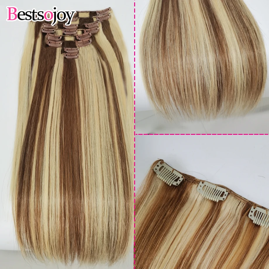 Clips In Extensions Human Hair Highlight Blonde Brown Full Head Clip In Hair Extensions Natural Hairpiece Clips Hair Bestsojoy