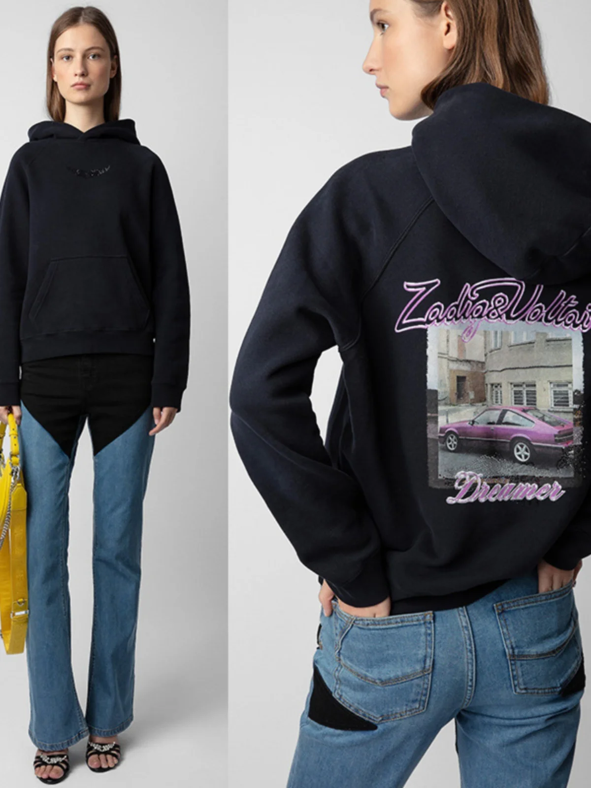 24 Winter New French Niche ZV Behind Purple Car White Ink Digital Printing Fleece Women's Hooded Sweater