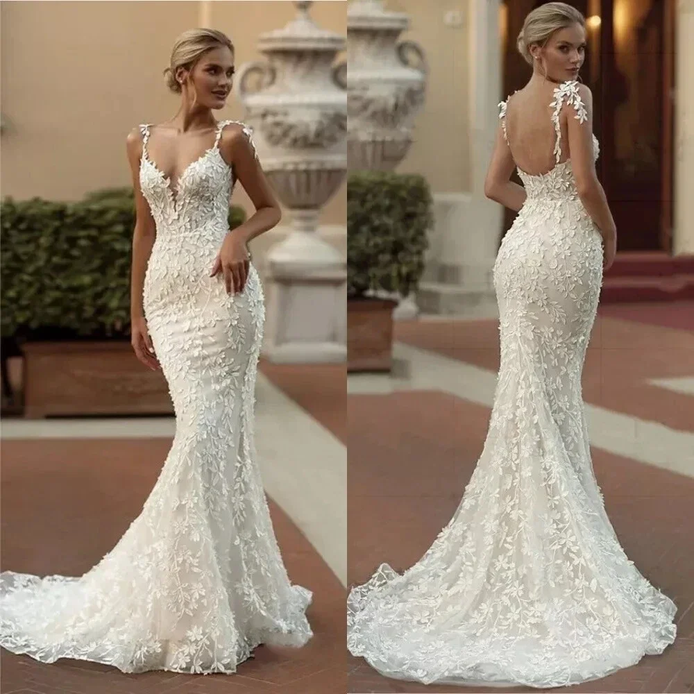 

Sexy Mermaid Lace Wedding Dress V-Neck Backless Spaghetti Straps Ivory Boho Bridal Gown Sweep Train Customized
