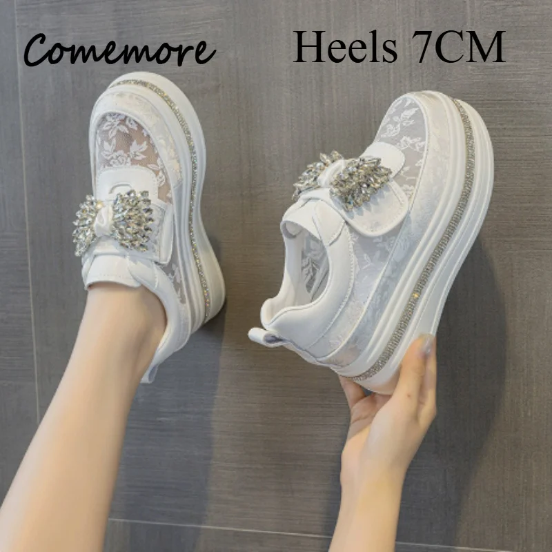 Thick Platform Rhinestone Women White Shoes Fashion Wedge Heels Sneakers Spring Summer Breathable Mesh Comfort Ladies Footwears