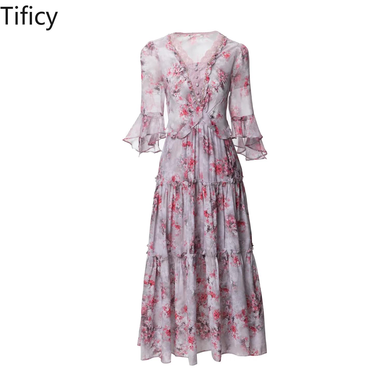 

High Quality European Station 24 Spring/Summer New Women's V-neck Hala Sleeves with Wooden Ears Mid Length Fairy Style Dress