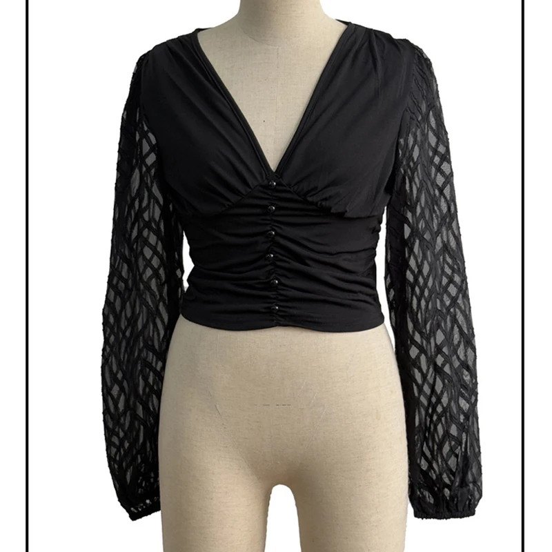 Blusa corta de malla de manga larga con cuello en V para mujer, Camisa corta informal de encaje de Color sólido elegante, Top ajustado para fiesta 2026