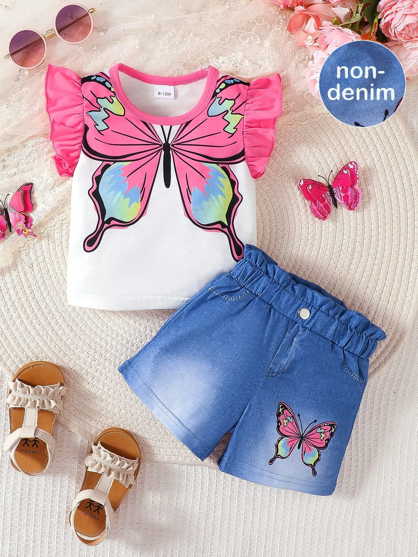 Baby Girl 2PCS Fashion Summer Outfit Set Butterfly Print Ruffle Sleeve T-Shirt + Denim Shorts for 0-3Y Newborn Casual Clothes