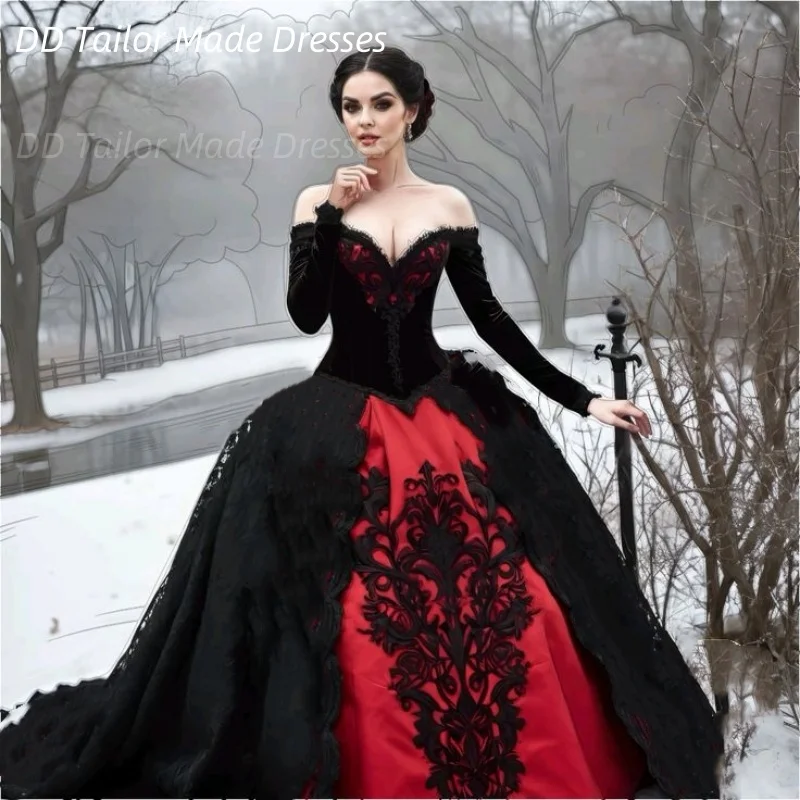 Mittelalterliche Prinzen Hochzeitskleid Rot und Schwarz Gothic Brautkleid Schulterfrei Lange Ärmel Vintage Vestido De Novia Maßgeschneidert