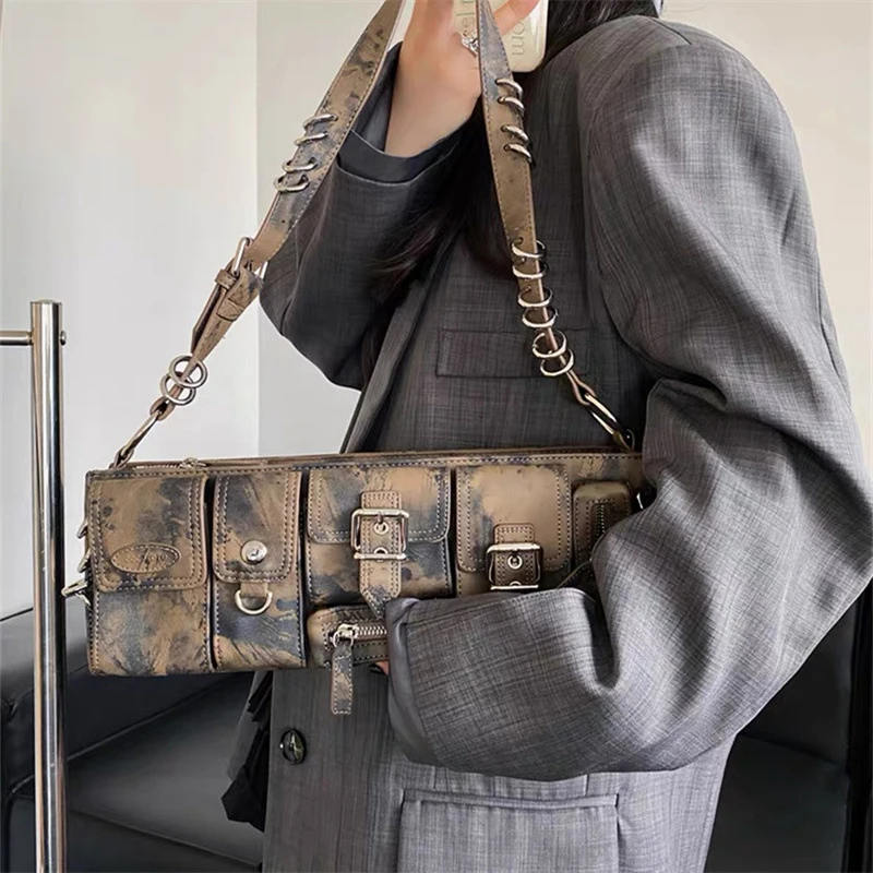 Multi Pockets Ring Sling Baguette Shoulder Bag for Women Crossbody Functional Bag Luxury Long Style Ladies Underarm Tote Bag