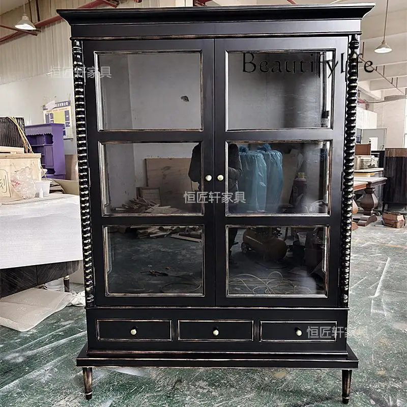 

Solid wood retro black old craft locker, antique wine cabinet, home decoration cabinet